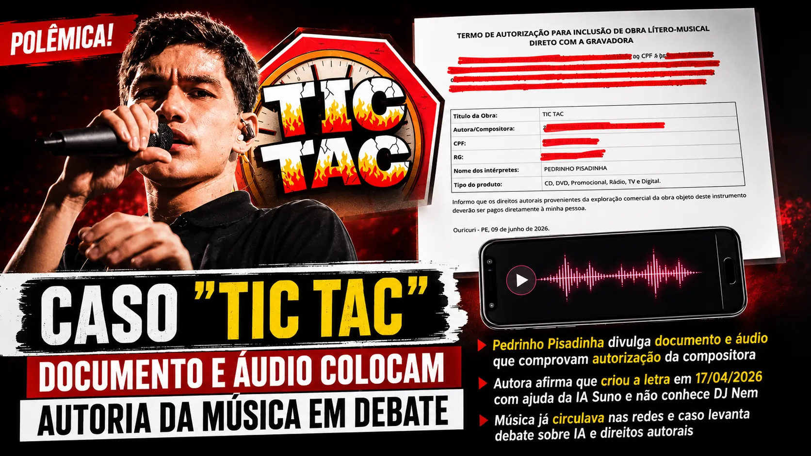 Documento e áudio divulgados por Pedrinho Pisadinha ampliam debate sobre autoria da música "Tic Tac"